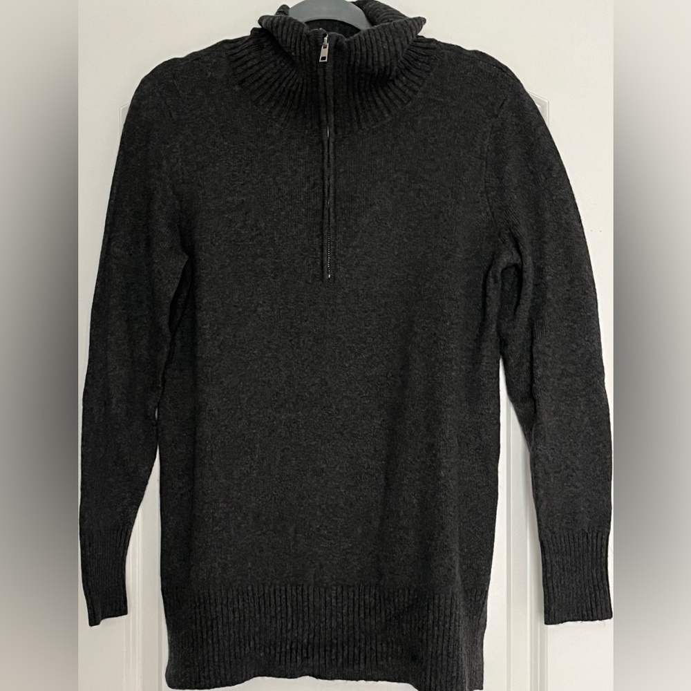 Ann Taylor Loft Soft Quarter Zip Tunic Sweater Gray Mock Neck Dark Academia Sz M